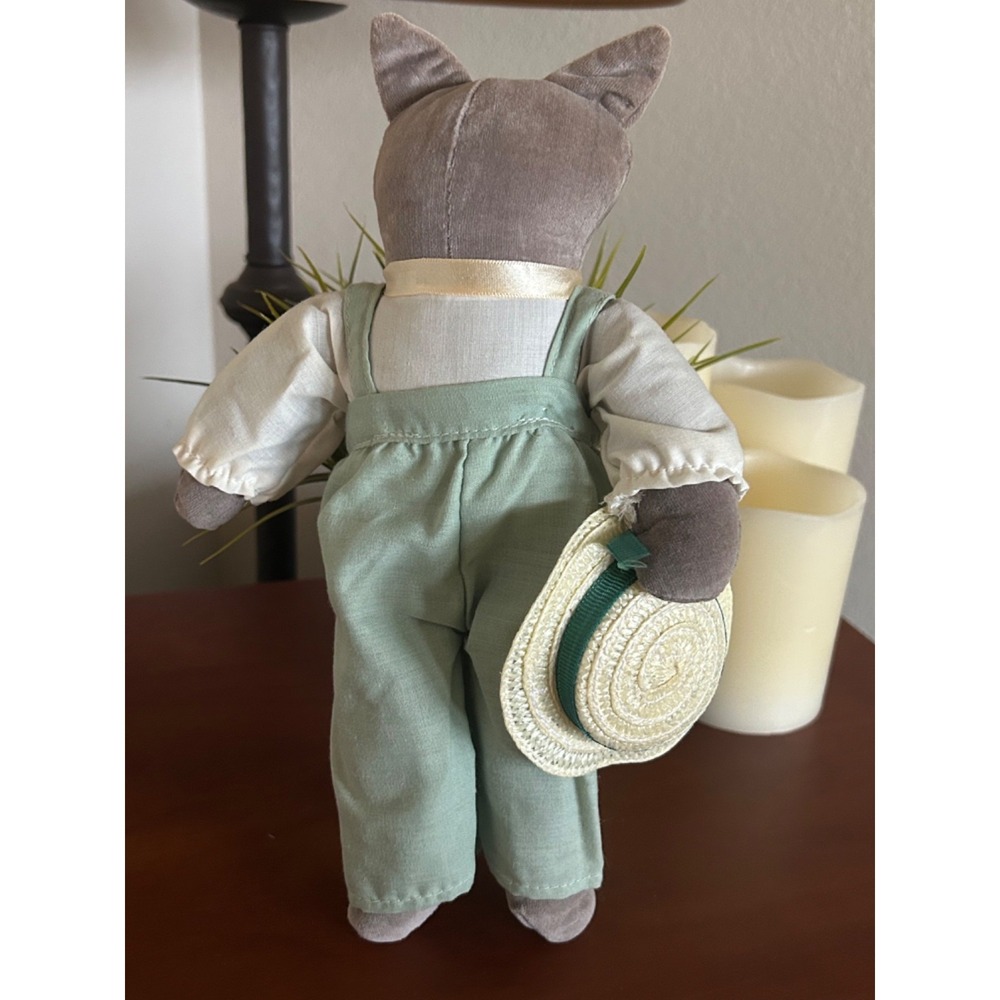 Hallmark Captivating Cats Gray Cat Cloth Doll Green Overalls Straw Hat 11" Plush - Picture 5 of 12